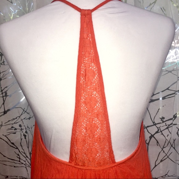 Roxy Orange lace strap band Open Back backless linen crepe halter mini Dress - Picture 3 of 7